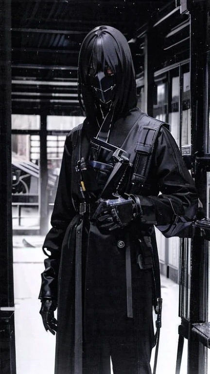 Black Hair、Cold look:1.5、Japanese woman in her 30s、Dark Background、Mysterious woman alone:1.5、night、whole photo、Black gloves、Ominous Machine Lifeform、Nihil、Half of his body is made of machinery、Mechanical Man:1.5、Modern clothing:、Creepy、Scary atmosphere