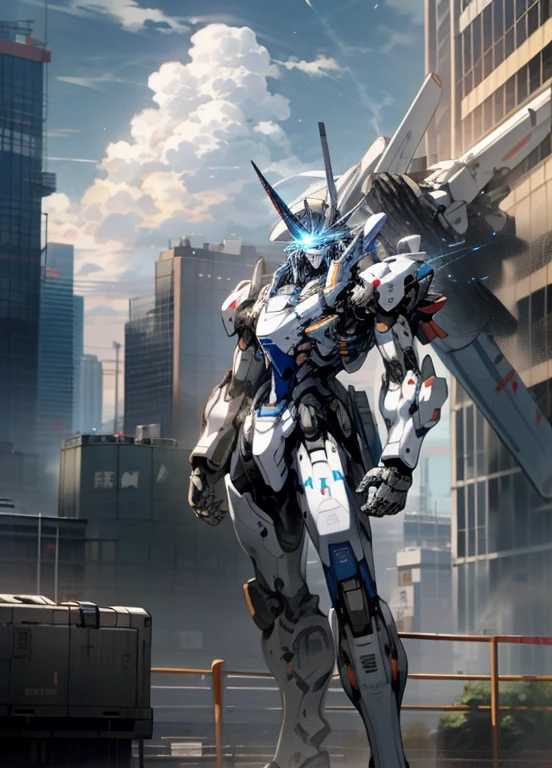 null, cloud, Holding_arms, no_human, Shine、robot, building, Shine_eye, Mecha, science_fiction, city, Realistic,Mecha、Shiden、High resolution、8k、high resolution、Very detailed、Perfect Proportions、armsを構える