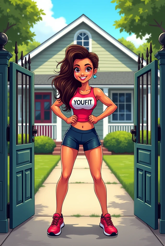 cartoon lady at the gate of a house in gym clothes with a t-shirt saying youfit