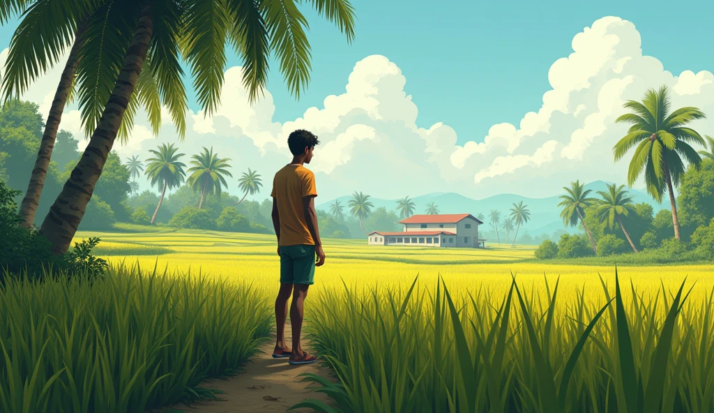 রাহুলের (18 years boys) চারপাশে উন্মুক্ত ধানের ক্ষেত, তালগাছ এবং একটি গ্রামের স্কুল দেখা যাচ্ছে।