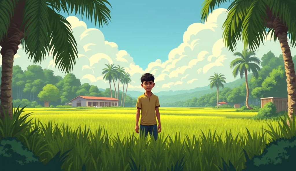 রাহুলের (18 years boys) চারপাশে উন্মুক্ত ধানের ক্ষেত, তালগাছ এবং একটি গ্রামের স্কুল দেখা যাচ্ছে।