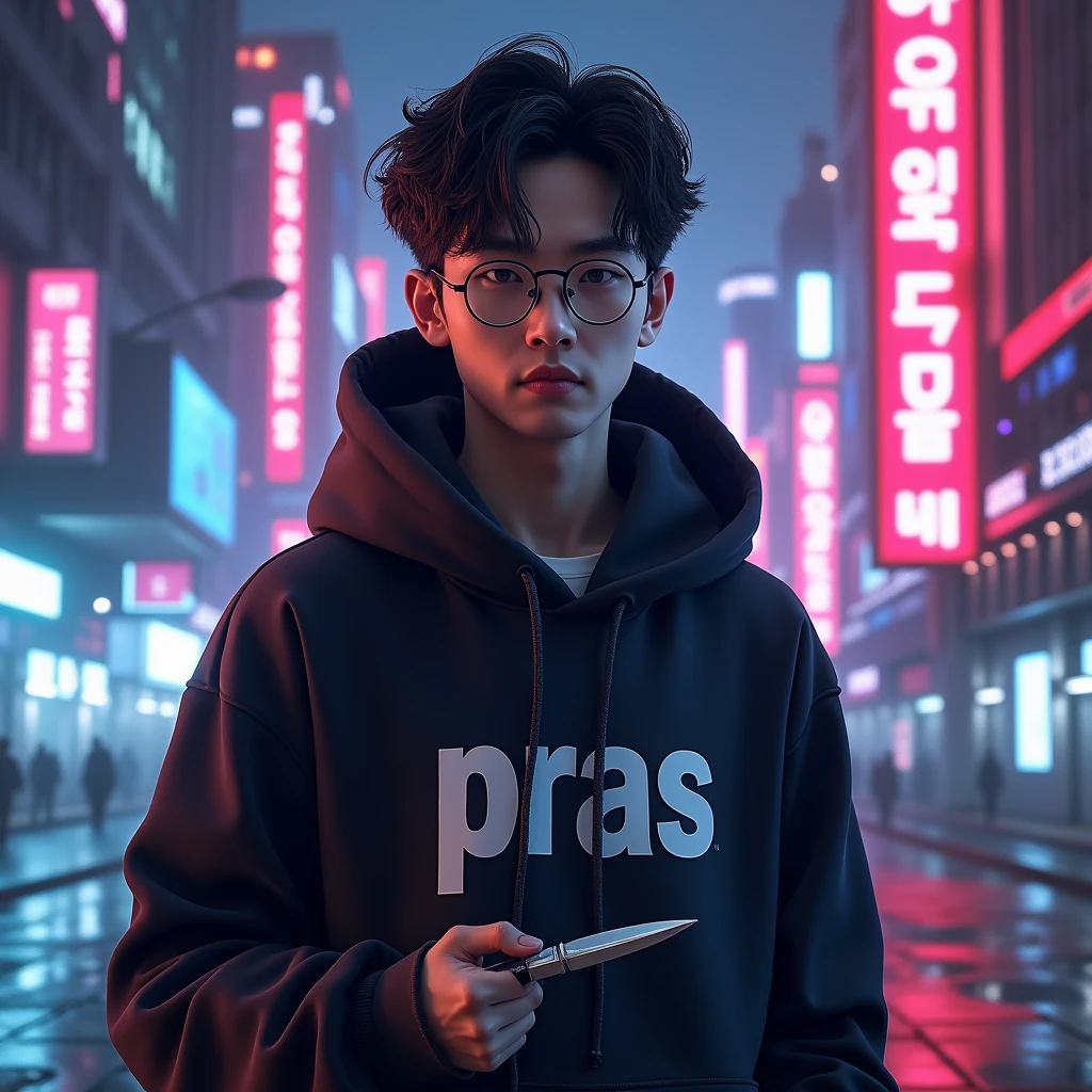 Create a character anime, {{background: text “GLBK”, night city}},
realistic, HDR, use glasses, handsome, korean style, full body, use deagger, age 20, hoodie HD text: “PRAS”