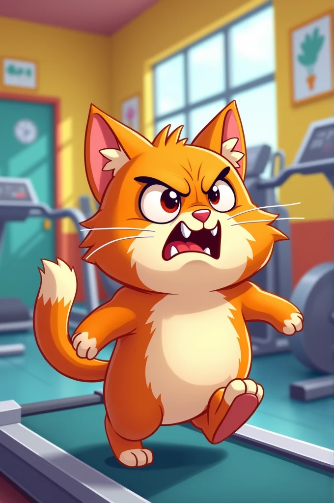 Create a cartoon type cute cat getting excercise in anger mood in gym