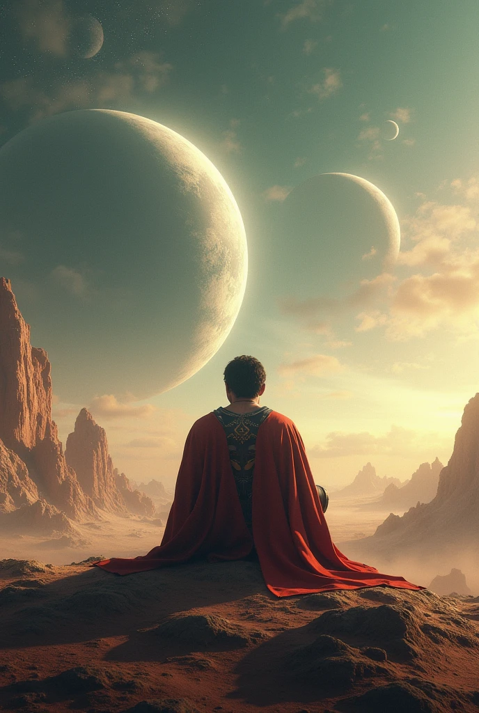 A man sitting like hero and watching the parallel universe from the other planet