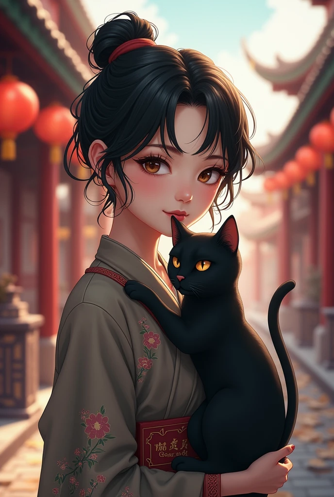 Chinese woman. A wavy black short haircut. Pale skin. light brown eyes. Anime. She's holding a black cat. Standing in front of Chinese street.