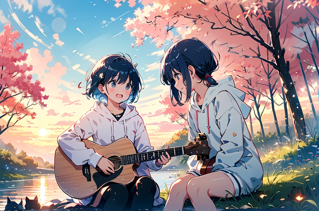 Absurd, High resolution, relax time, Fantastical light particles, Lens flare,A big smile、Blue Hair、（Red headphones:1.4）、（White hoodie:1.2)、One girl、Sitting and playing guitar、（Wide angle of view:1.2）、(Shooting from a distance:1.2)、The river bank where the setting sun shines、One black cat、Cherry tree
