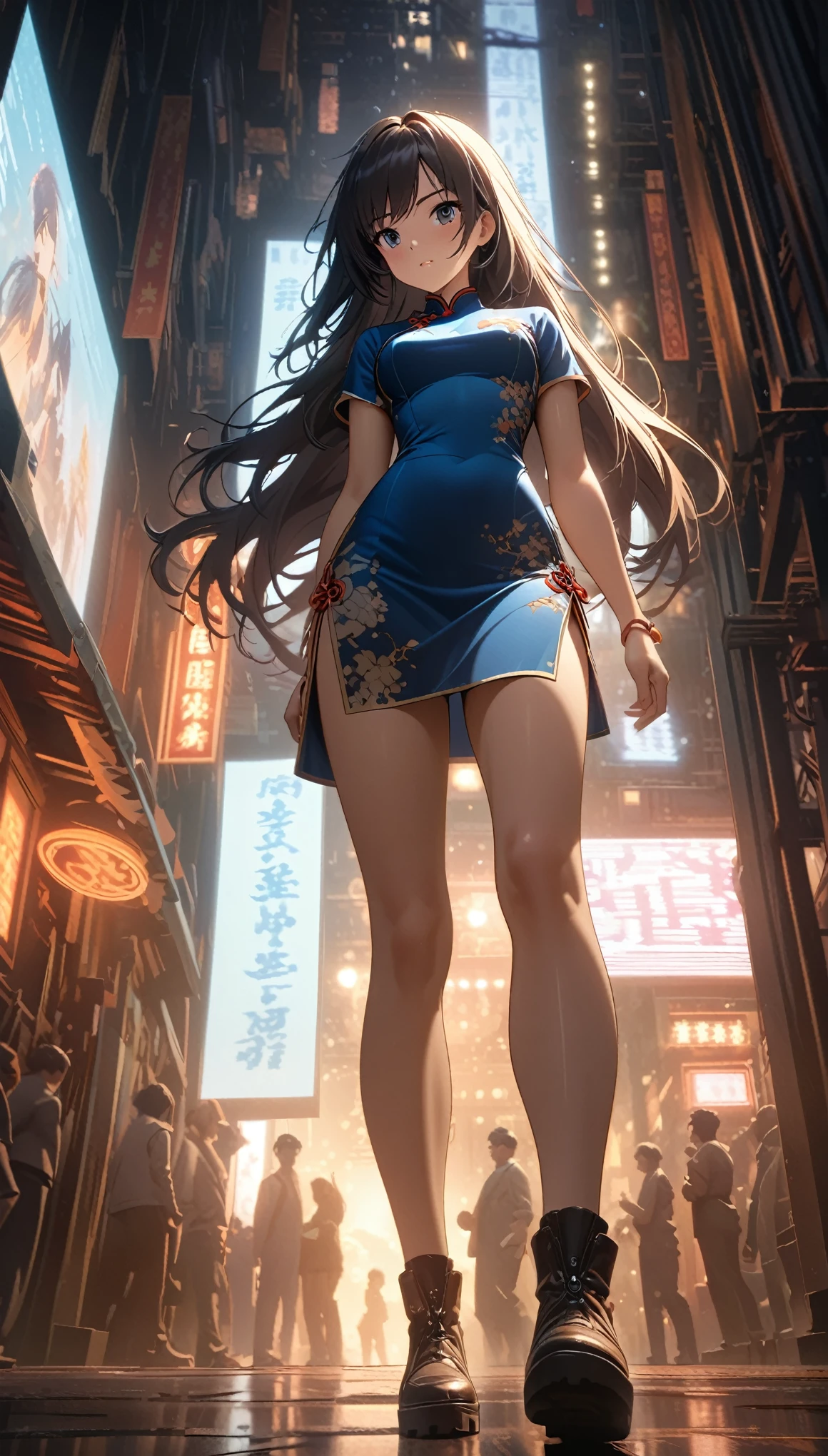 Cheongsam Girl,Long Hair,Pure white background,Depth of written boundary,Low angle view,Calf Level View,Overclocked Renderer,Cinema Lighting,Ultra-fine,Very detailed,complicated,Cinematic Perspective,CG Art,Side zipper