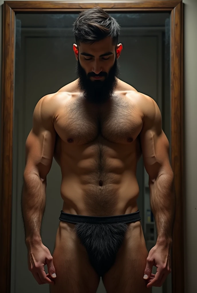 Strong hairy and bearded young Iranian man in front of the mirror naked naked from the stomach down, hairy groin, a lot of fur, only bust showing.
