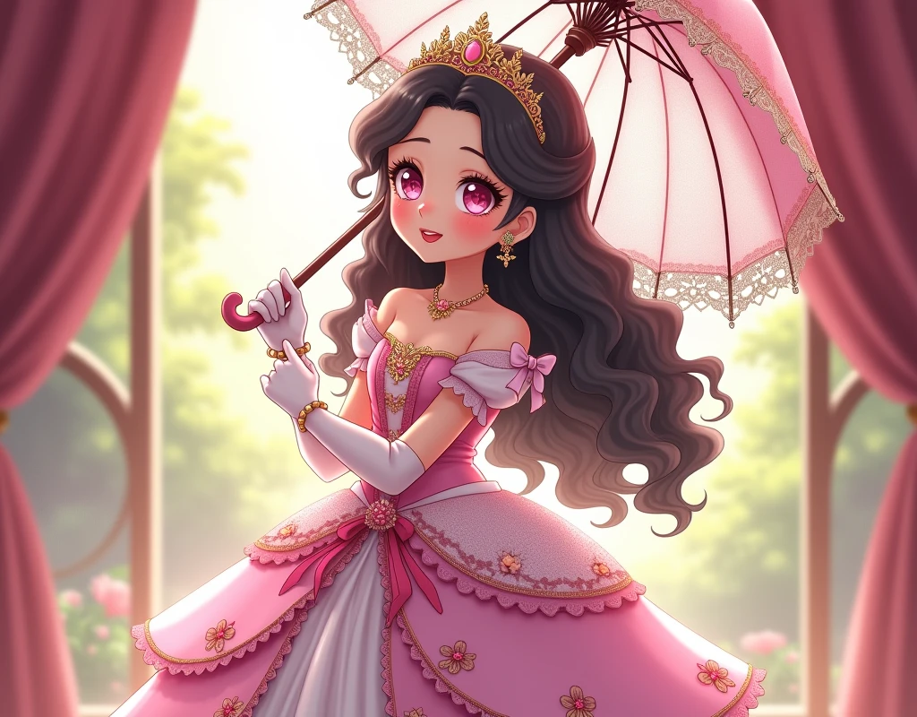 (best quality,4k,8k,highres,masterpiece:1.2),ultra-detailed, closed up portrait of a Teenage boy who got magically transformed into a cute princess, gender bending, fantasy, royalty, fantastic transformation, Medium: Anime-style, portraits Additional details: Soft sunlight filters through the curtains, casting a warm glow on the room. pink eyes, long curly black hair, is happy, joyful expression, playful and feminine pose, effeminate and dainty body, very girly face, long eyelashes, beautifully detailed lips with lipstick, pink puffy victorian gown, dominant hues of pink and white, bodice with short sleeves, bustle, physically-based rendering,gorgeous dress design,flowing gown,elaborate lace details,rich textures,contrast stitching,delicate ribbon bows,floral accents, flowers embroidery,full skirt,long sleeves,fitted waistline,flared cuffs,lace-up back,luxurious fabrics,flawless silhouette, petticoat, bloomers, white elbow gloves, corset, tiara, gold earrings and necklace, ribbons, high heels, lipstick, makeup, blue eyeshadow, standing in a castle garden with a elegant manners, holding a lacy umbrella, glowing magical aura, masterpiece, dominant hues of pink and white, bokeh, highly detailed, 4K