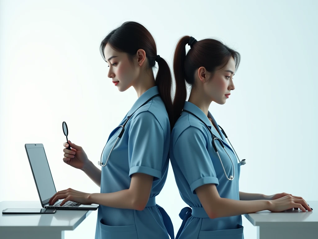 a beautiful woman wearing a doctors apron, holding a small mouth mirror, a man in formal attire using a laptop, leaning on each other's back while standing, on a white background, highly detailed, 3D render, cinematic lighting, vibrant colors, elegant, dynamic composition, masterpiece, (best quality,4k,8k,highres,masterpiece:1.2),ultra-detailed,(realistic,photorealistic,photo-realistic:1.37)
