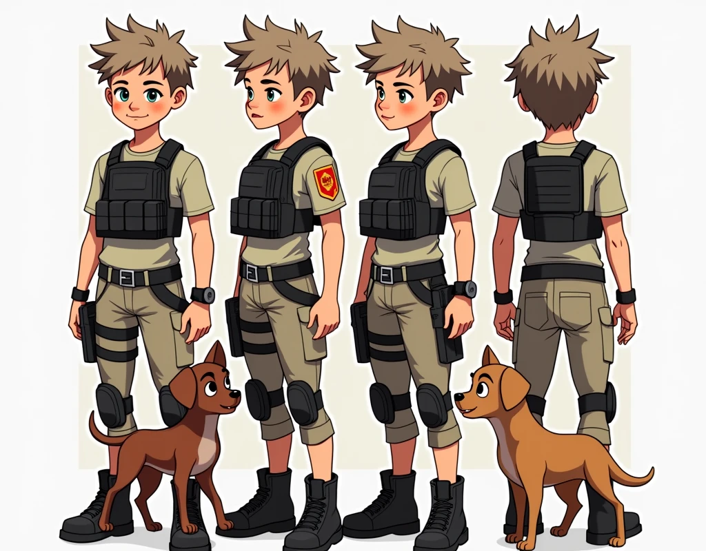 Standing boy, cute, 1 boy, , 4-sided design, Diagonals, front, back, profile, Head to body ratio 5, character sheet, whole body, simple background, Four perspectives, tactical gear, bulletproof vest, Good quality, high detail, Puppy Suin,Good quality, high detail, researcher,Pokemon bowser,ultra detailed, masterpiece, best quality, aesthetic, detailed