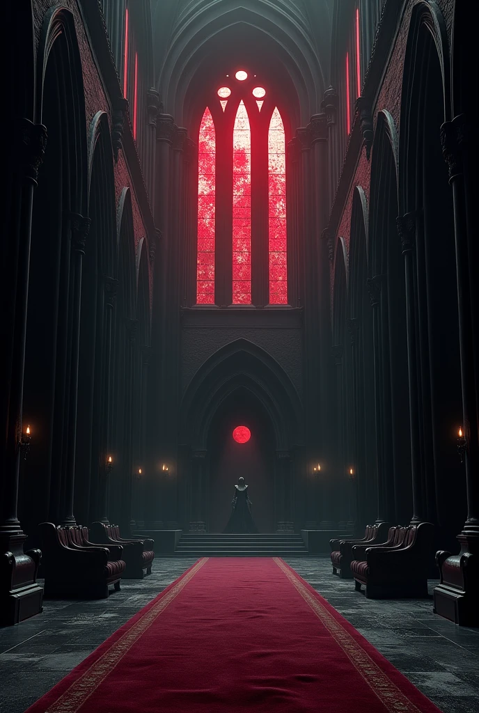 Can you create a huge royal hall?, very wide, very dark with gothic style windows with black curtains, with completely black walls and very little black furniture in French medieval style, floor with black carpeting, black carpets, completely black upholstery, with the entry of a faint blood-red moonlight, very intense, through the blood red stained glass windows, almost opaque?