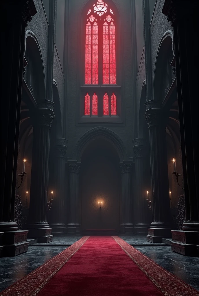 Can you create a huge royal hall?, very wide, very dark with gothic style windows with black curtains, with completely black walls and very little black furniture in French medieval style, floor with black carpeting, black carpets, completely black upholstery, with the entry of a faint blood-red moonlight, very intense, through the blood red stained glass windows, almost opaque?