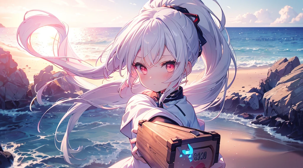 [(Transparent background:1.5)::5],(((masterpiece))),(((best quality))),(((extremely detailed))),illustration, 1girl,solo,mysterious,vivid color,shiny, (ponytail hair),(white hair),(red eyes), full body,long hair tranquil nature, close up,Dynamic actions,Lens perspective, beach(((Box composition))), volumetric lighting, multi-color eyes, detailed eyes, hyper detail