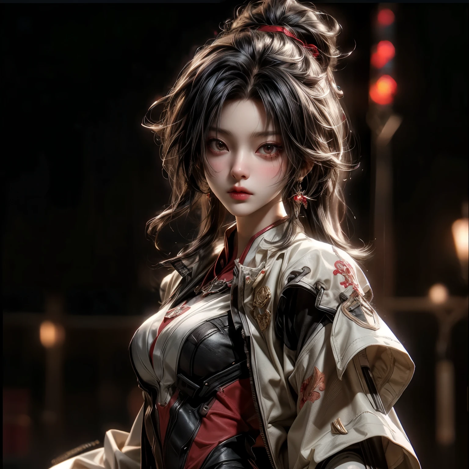 (best quality)), ((Masterpiece)), (details:1.4), 3d, HDR (high dynamic range), an image of a beautiful cyberpunk female, Cyberpunk, Fantasy, Ash gray hair, Long hair, Beautiful Red eyes, จมูกโด่ง, ปากแดง, หน้าอกใหญ่, nvidia RTX, PBR surface, After processing, Anisotropic filtration,depth of field, Maximum clarity and clarity, multi-layered surface, Subsurface tering, perfect proportions, 8K raw files, ultra detailed, Perfect proportions, volumetric lighting, soft lighting, Holy Paladin, Heavy Red Armor, Red dress, glossy skin, intricate Red embroidery, Tower background, jewely, ต่างหู, นิ้วมือสมบูรณ์,