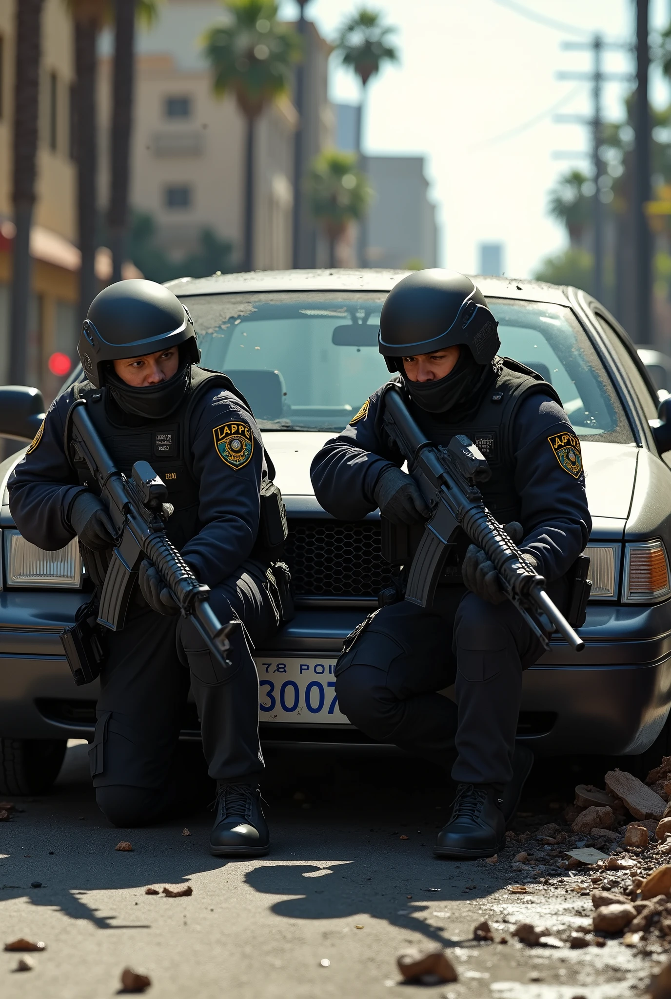 Make an image for two LAPD SWAT officers hiding behind a bullet-hole-ridden sedan in a street in Los Angeles, using assault rifles