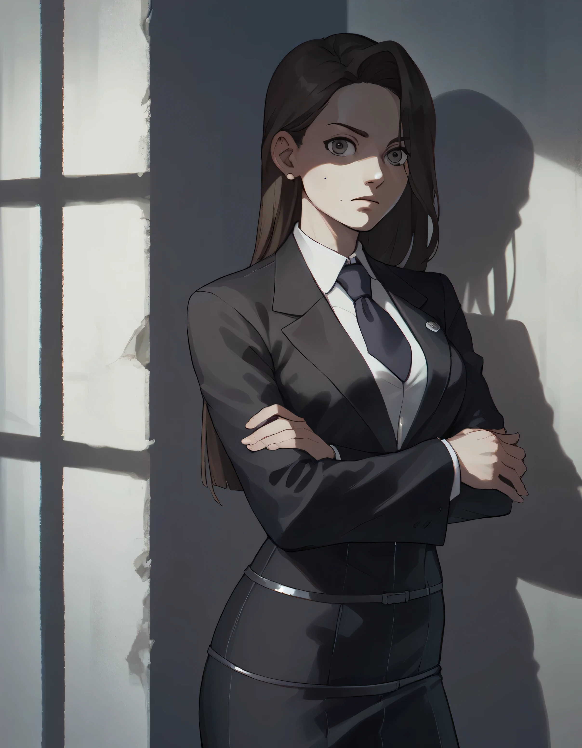 score_9, score_8_up, score_7_up, score_6_up, score_5_up, score_4_up,
aamia, black jacket, suit jacket, skirt suit, necktie
furrowed brow, shadow over face, crossed arms, looking at viewer, prison