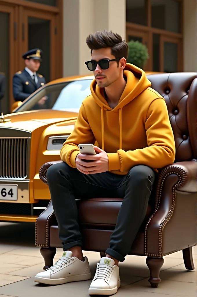 Create a 3D illustration featuring a realistic 25 year-old beautiful young Boy with Yellow Hoodie and black Teens, white iPhone holding in hand on a Wingback chair, wearing sneakers, beautiful hair, luxury glasses, he looks ahead. Golden ROLLS ROYCE Ghost of side, with name "2464" Write on Number plate, 3d art painting realistic photo with two security guard in my background With security dressing, on Dubai biggest highway