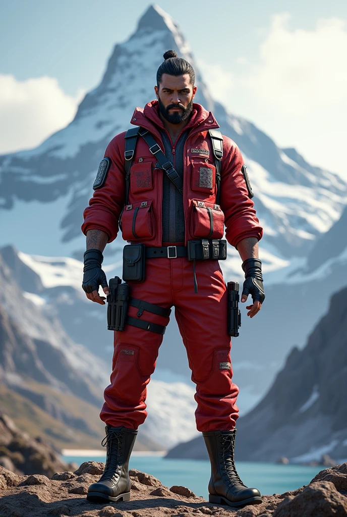 Make a free fire character in 3d and wearing red criminal bundle and standing mountain