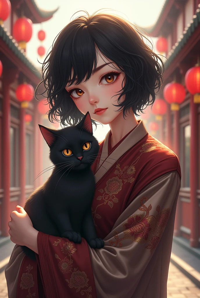 Chinese woman. A wavy black short haircut. Pale skin. light brown eyes. Anime. She's holding a black cat. Standing in front of Chinese street.