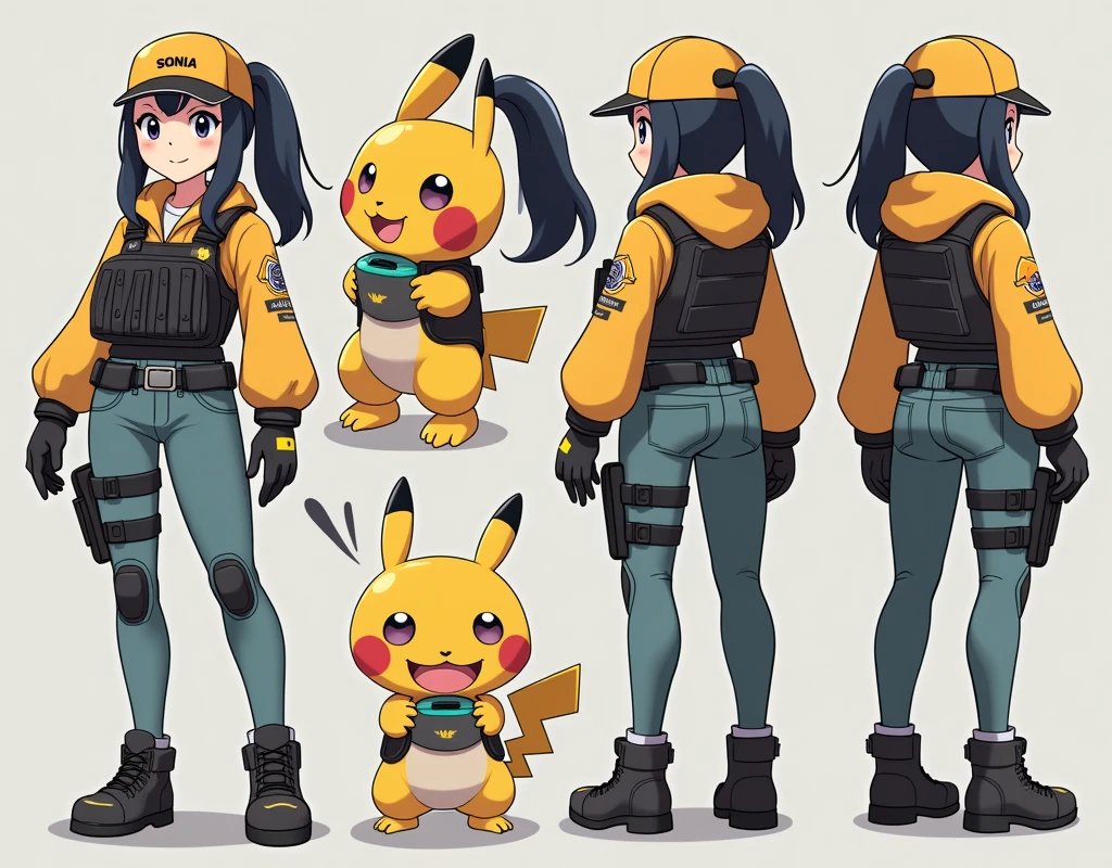 Sonia,pokemon,Standing Girl, cute, 1 girl, , 4-sided design, Diagonals, front, back, profile, Head to body ratio 5, character sheet, whole body, simple background, Four perspectives, tactical gear, bulletproof vest, Good quality, high detail, researcher,Pokemon bowser,ultra detailed, masterpiece, best quality, aesthetic, detailed