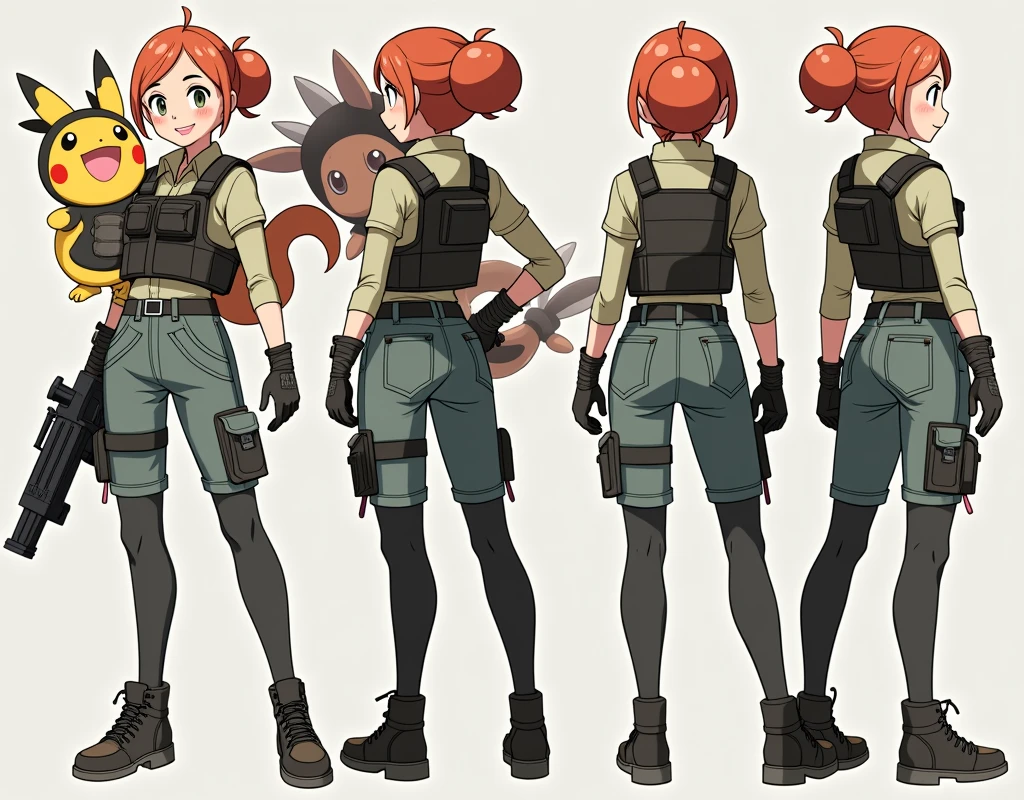 Sonia,pokemon,Standing Girl, cute, 1 girl, , 4-sided design, Diagonals, front, back, profile, Head to body ratio 5, character sheet, whole body, simple background, Four perspectives, tactical gear, bulletproof vest, Good quality, high detail, researcher,Pokemon bowser,ultra detailed, masterpiece, best quality, aesthetic, detailed
