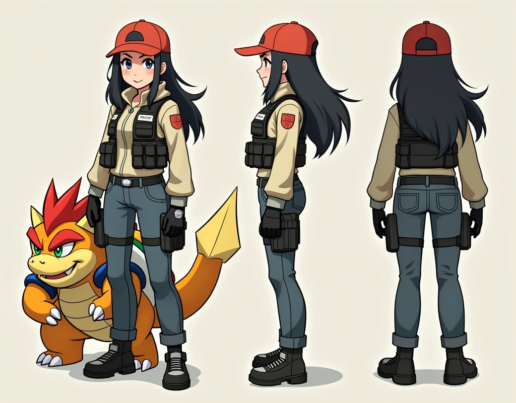 Sonia,pokemon,Standing Girl, cute, 1 girl, , 4-sided design, Diagonals, front, back, profile, Head to body ratio 5, character sheet, whole body, simple background, Four perspectives, tactical gear, bulletproof vest, Good quality, high detail, researcher,Pokemon bowser,ultra detailed, masterpiece, best quality, aesthetic, detailed