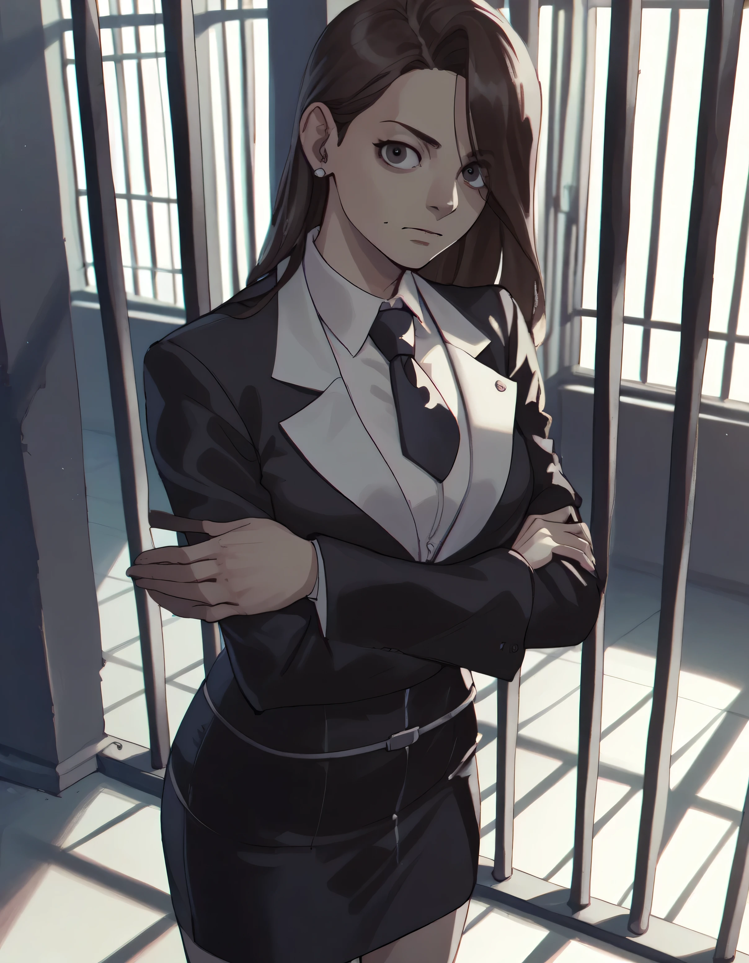 score_9, score_8_up, score_7_up, score_6_up, score_5_up, score_4_up,
aamia, black jacket, suit jacket, skirt suit, necktie
furrowed brow, shadow over face, crossed arms, looking at viewer, prison