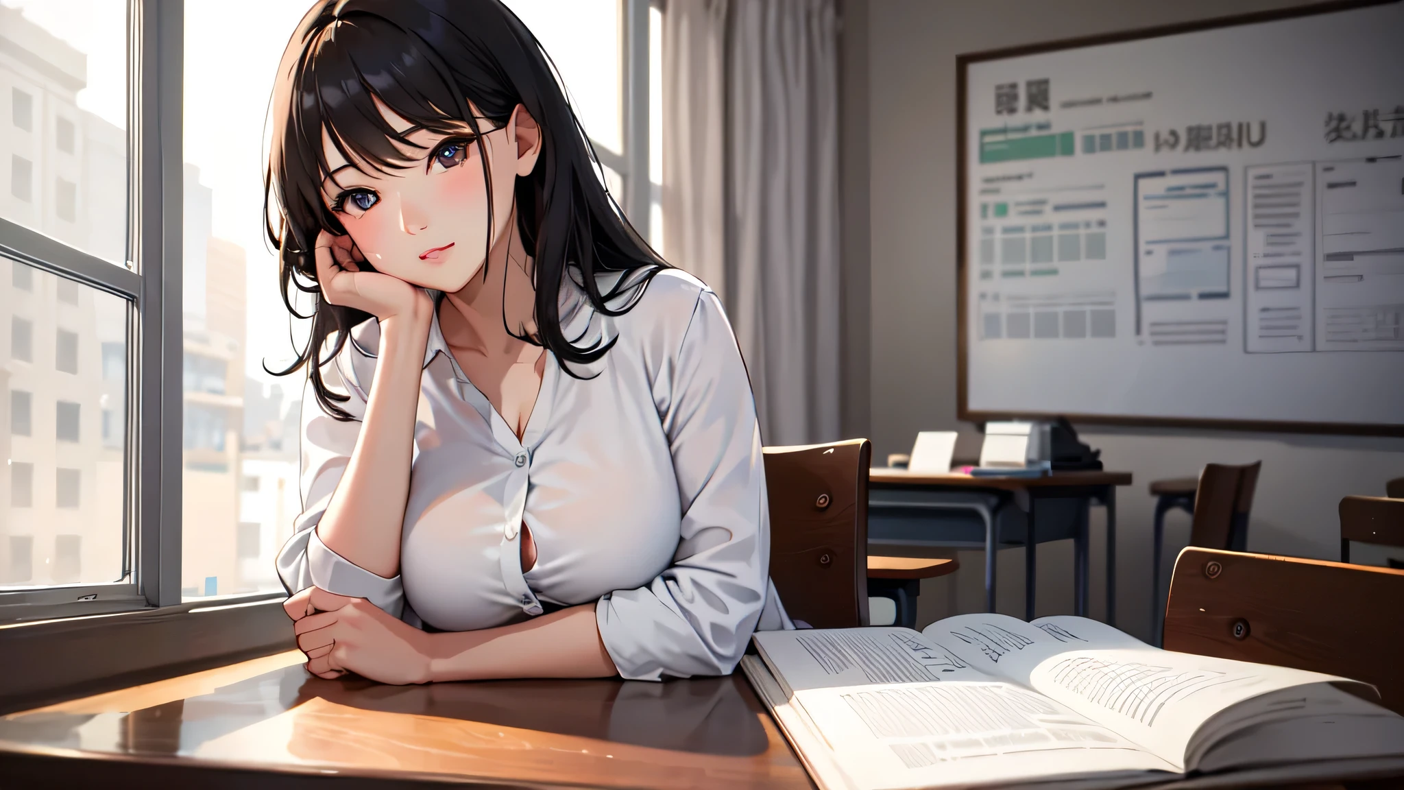 1 girl、Mature Woman、Best、bow、picture、Realistically、Highest quality、Detailed face、office、In the classroom、Detailed Background、Diffused sunlight、Depth of written boundary、Calm and thoughtful appearance