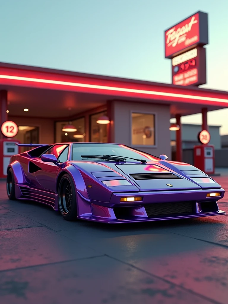 Fusion of purple Lamborghini Countach and Ferrari Testarossa classic parked in front of a gas station, highly detailed hyper real retro, vehicle photography, car photography, automotive photography, octane ray tracing, photo realistic octane render, auto photography, detailed cinematic photography, classic cars, Lamborghini Countach, Ferrari F-40,noctane cgsociety, wide body, photo, vibrant