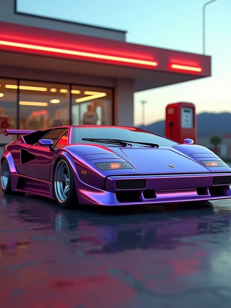 Fusion of purple Lamborghini Countach and Ferrari Testarossa classic parked in front of a gas station, highly detailed hyper real retro, vehicle photography, car photography, automotive photography, octane ray tracing, photo realistic octane render, auto photography, detailed cinematic photography, classic cars, Lamborghini Countach, Ferrari F-40,noctane cgsociety, wide body, photo, vibrant