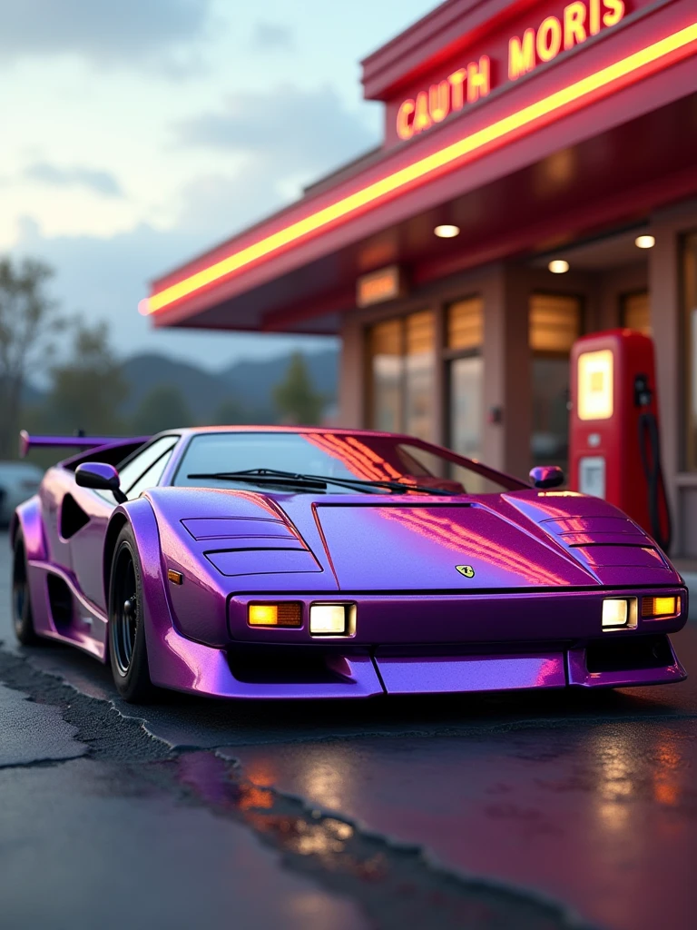 Fusion of purple Lamborghini Countach and Ferrari Testarossa classic parked in front of a gas station, highly detailed hyper real retro, vehicle photography, car photography, automotive photography, octane ray tracing, photo realistic octane render, auto photography, detailed cinematic photography, classic cars, Lamborghini Countach, Ferrari F-40,noctane cgsociety, wide body, photo, vibrant