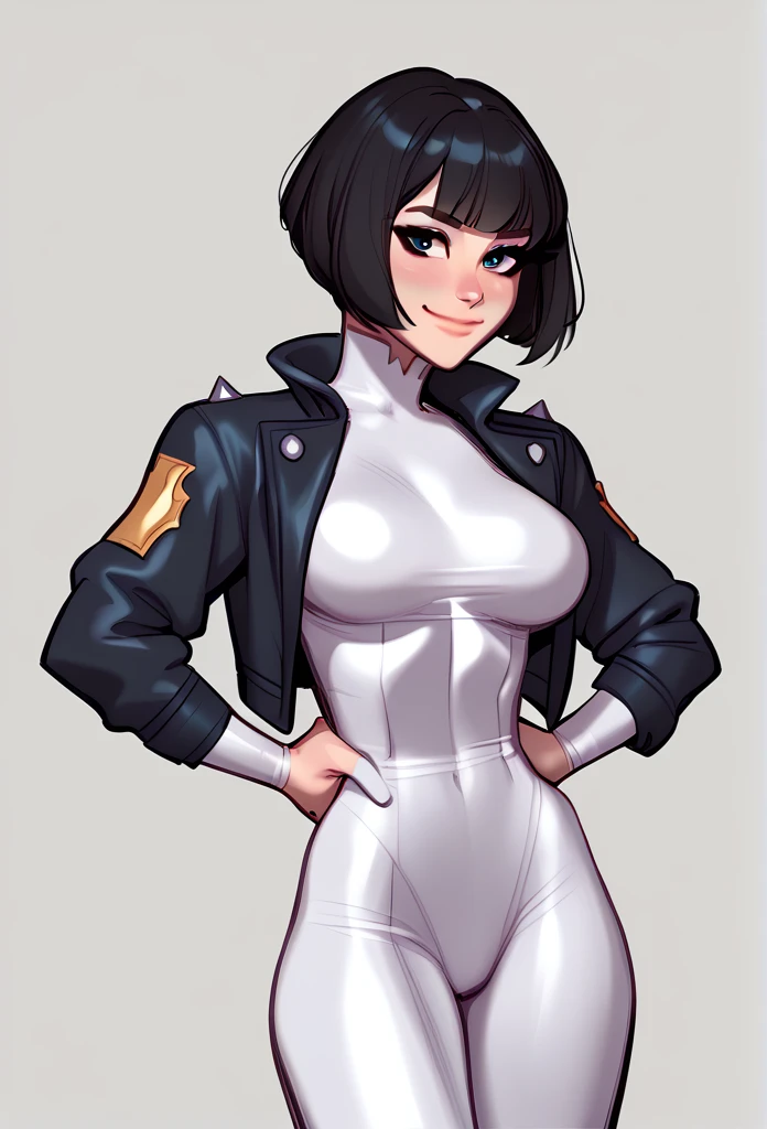 score_5_up,score_6_up,score_7_up,
 1girl, bangs, black hair, blush, breasts, closed mouth, cowboy shot, short jacket, grey background, hand on hip, bodysuit, medium breasts, looking at viewer, open clothes, open jacket, short hair, simple background, smile, solo, standing, thighs, white background