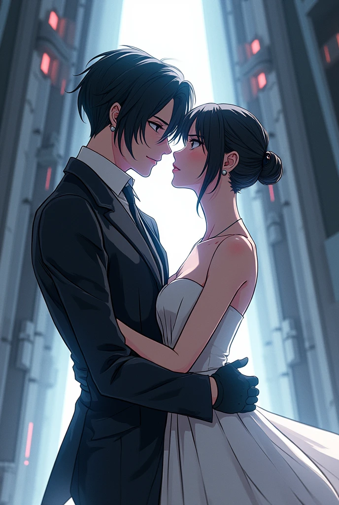 Sanakan and Cibo from Blame! Manga in a wedding dress), (sci-fi theme) suit black hair, dress striking silver hair, Futuristic atmosphere of the outfit A soft but bright light shines from above. Intimate and romantic atmosphere Highly detailed, exceptionally detailed, cinematic quality, emotionally charged scenes. Eyes staring at each other