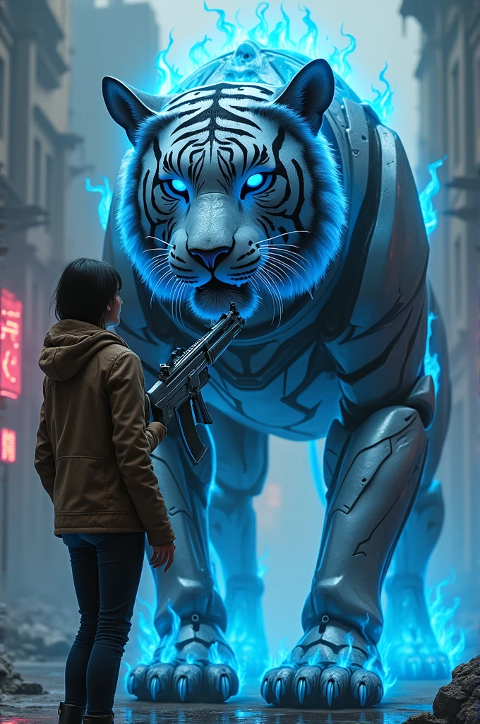 a robotic Tiger with blue flame I looking a person to be a partner and offer a girl light blue colour AK-47 gun