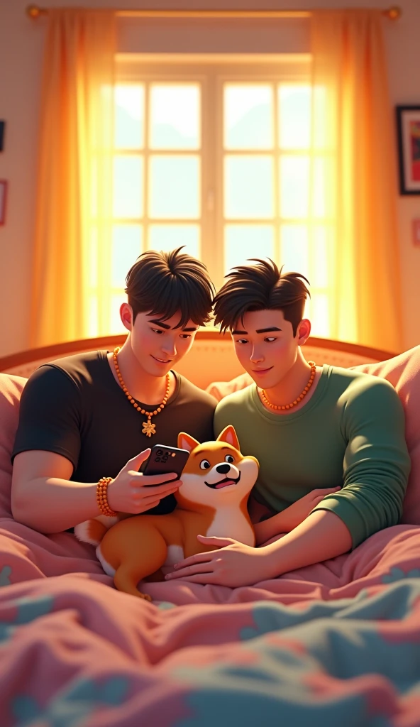 3d art style, A stylized bouncy font above that says "VRIXIAN", two age asian guy in bed, one wearing black shirt, hair is black, the black t shirt guy is big muscle body, the black shirt guy is a short haired, both is wearing one orange pearl bracelet, one is wearing green long sleeve, they both looking at the phone having live stream, besides them has Shiba Inu, dynamic bedroom in a morning, 