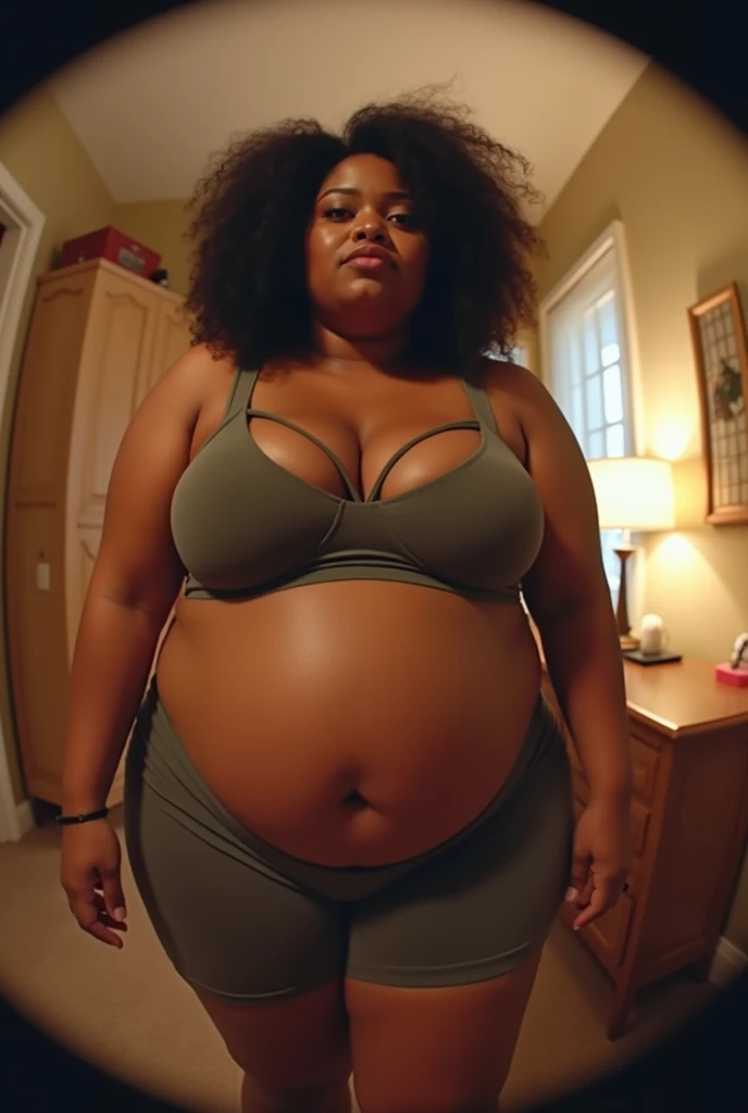 POV view when Cardi B's stepmother is a lesbian with a plus size busty body who is very pregnant wearing gym clothes and has thick lips wants to kiss you from the front when she is alone in the room. fisheye camera view, iphone camera style. 8k hd, realface, cinematic