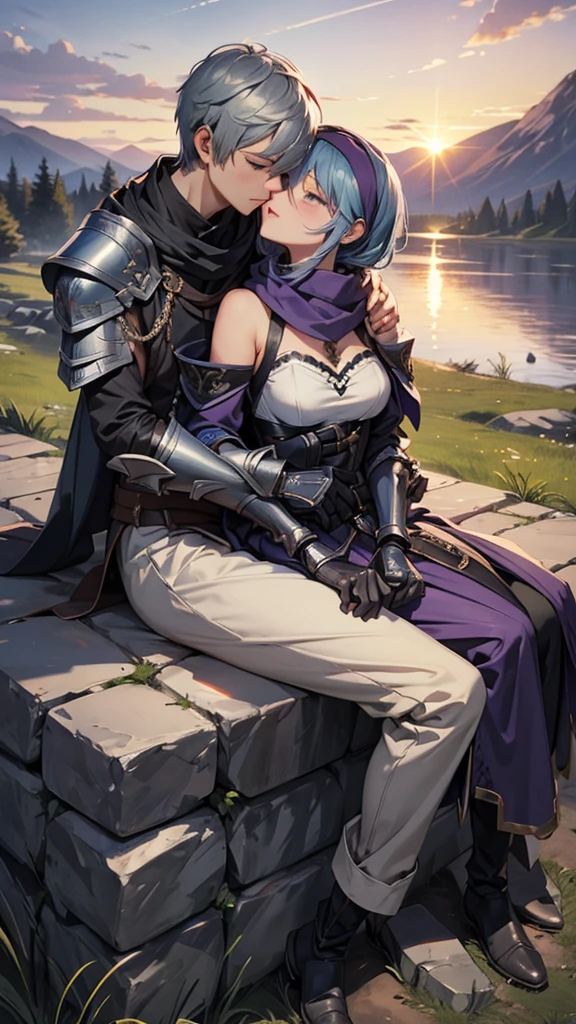1girl, 1boy, (best quality, beruka, gauntlets), armor, purple scarf, black gloves, pants, boots, bandana on the head, sitting, in front, trees, mountain, beautiful scenery in the background, soft sunset, subtle reflections on the ground. Kissing 