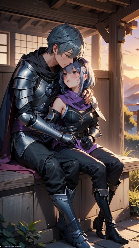1girl, 1boy, (best quality, beruka, gauntlets), armor, purple scarf, black gloves, pants, boots, bandana on the head, sitting, in front, trees, mountain, beautiful scenery in the background, soft sunset, subtle reflections on the ground. Kissing 