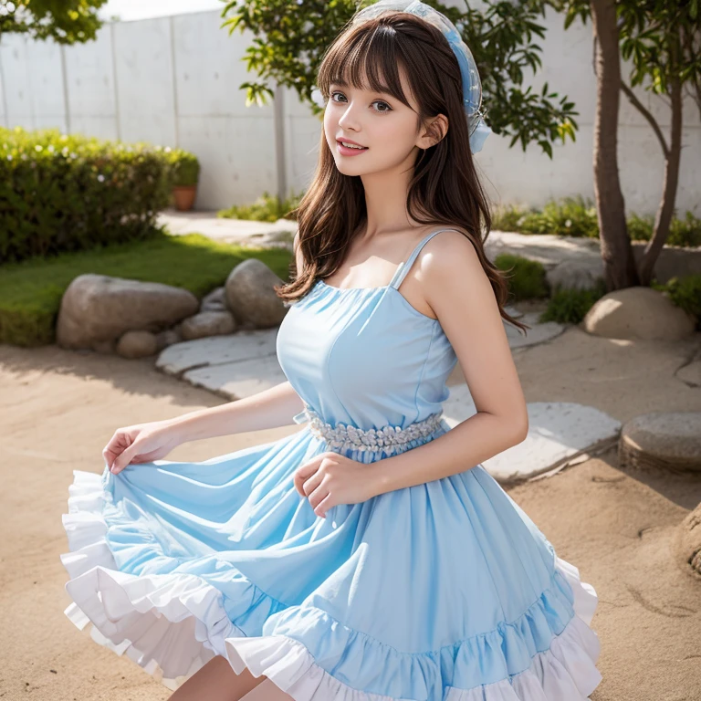 laughing out loud，(knee shot), 1 girl, light brown hair, blunt bangs, hair behind ears, Hair over the shoulders, long hair, Slender body type, Super thin face, face slimming, delicate lips, beautiful eyes, Thin blush, Eyes are light brown,Check it out here, (realistic:1.3), 8k, , Super detailed, high quality, best quality, High resolution, (Full breasts), 3, , (gauze skirt), (Tutu), wearing a light blue dress, Cute and elegant pose, (((Gauze puffy dress))), gauze skirt, five layer gauze skirt, There is petticoat inside the skirt，The dress is made of chiffon，Soft and fluffy dress, elegant, (Stand on the beach), wearing a straw hat, light blue dress,long skirt. hand on hat, chiffon dress
