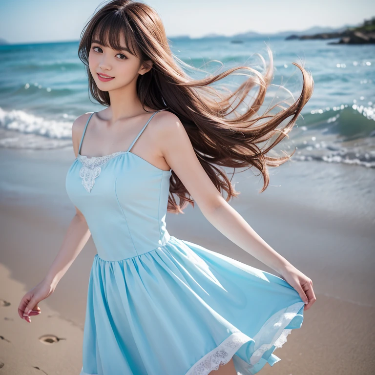 Having long flowing hair、Very Beautiful Japan Woman。She is wearing a stylish dress and a flower crown.、She has striking bluish-black eyes and a bright smile.、Dancing happily。The background is a sparkling seaside and sandy beach.。
The image style is realistic.、It adds a touch of glamour.。
