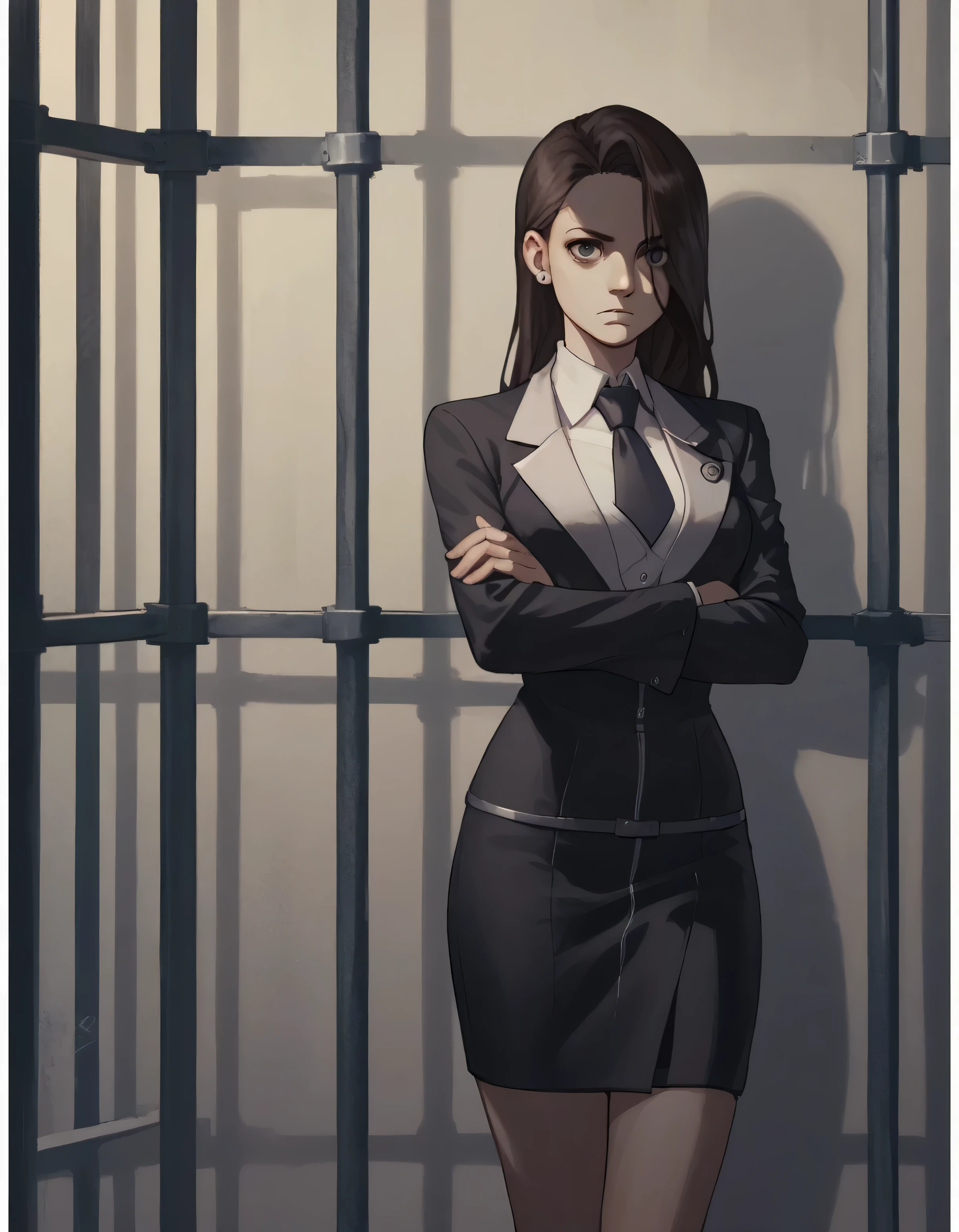 score_9, score_8_up, score_7_up, score_6_up, score_5_up, score_4_up,
aamia, black jacket, suit jacket, skirt suit, necktie
furrowed brow, shadow over face, crossed arms, looking at viewer, prison