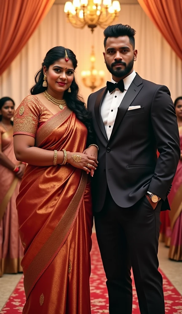 Newly wed couple, hot south indian curvy milf with black twisted tied hair, big breast, big hip, big ass, thick thighs, woman wearing saree, indian couple, short brown man with side fade haircut, big muscular body and beard, man wearing suit, in wedding stage, woman holding man hand, high resolution, looking at camera, front body close-up view