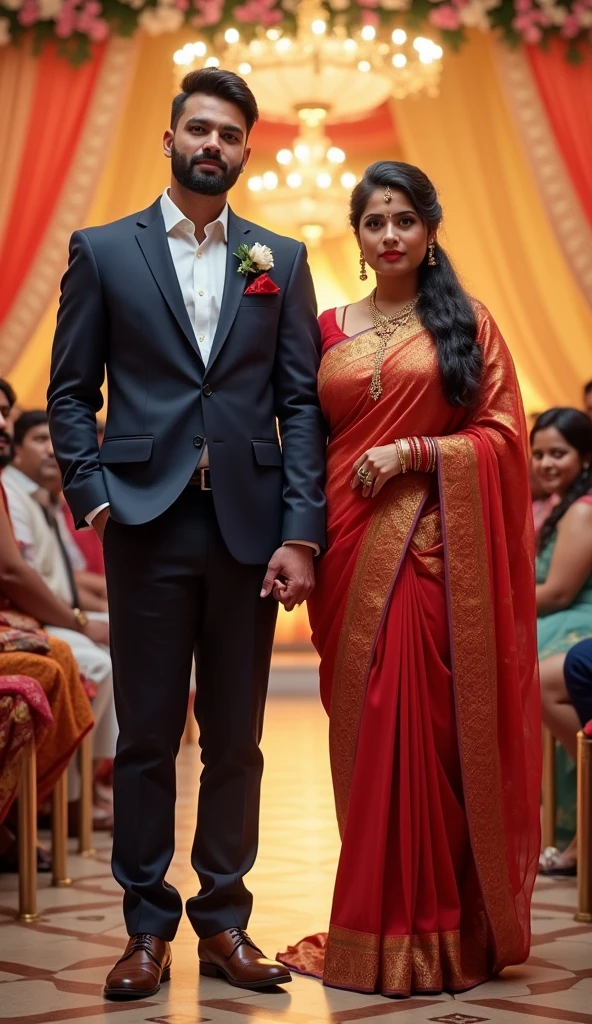 Newly wed couple, hot south indian curvy milf with black twisted tied hair, big breast, big hip, big ass, thick thighs, woman wearing saree, indian couple, short brown man with side fade haircut, big muscular body and beard, man wearing suit, in wedding stage, woman holding man hand, high resolution, looking at camera, front body close-up view