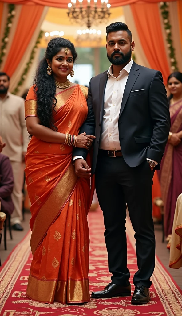 Newly wed couple, hot south indian curvy milf with black twisted tied hair, big breast, big hip, big ass, thick thighs, woman wearing saree, indian couple, short brown man with side fade haircut, big muscular body and beard, man wearing suit, in wedding stage, woman holding man hand, high resolution, looking at camera, front body close-up view