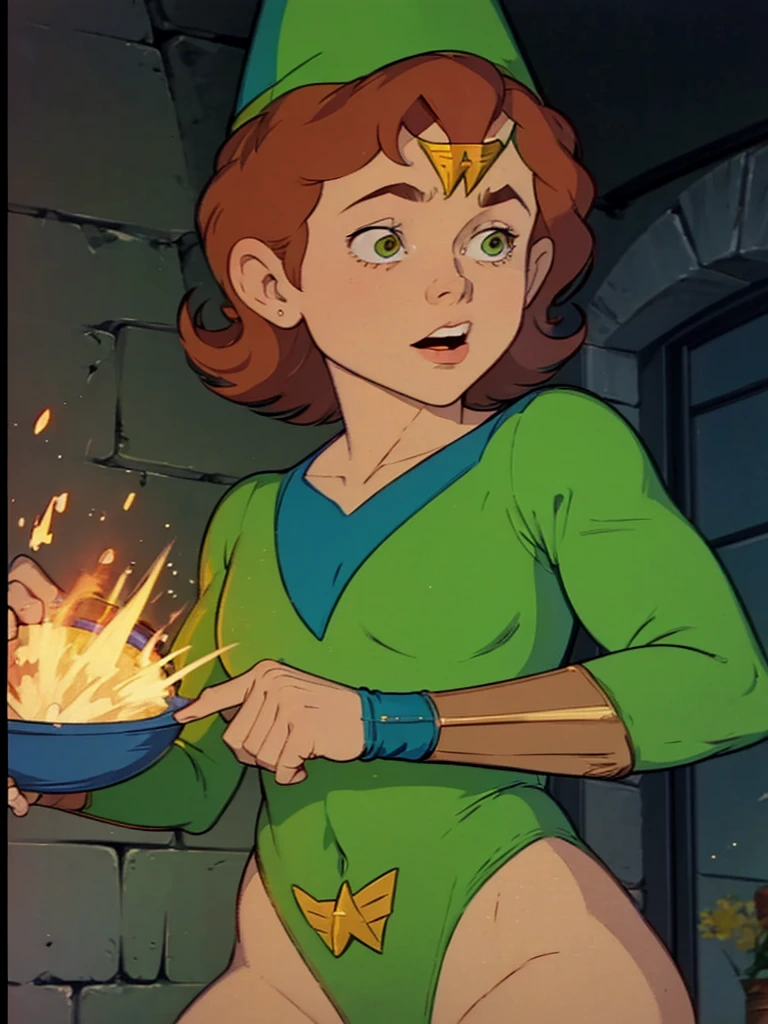 a redhead cartoon character, wonder woman outfit, green leotard, very muscular,  male wizard, 1980s cartoon, animated episode still, Presto (((mad))), ((Wears a wizard hat))