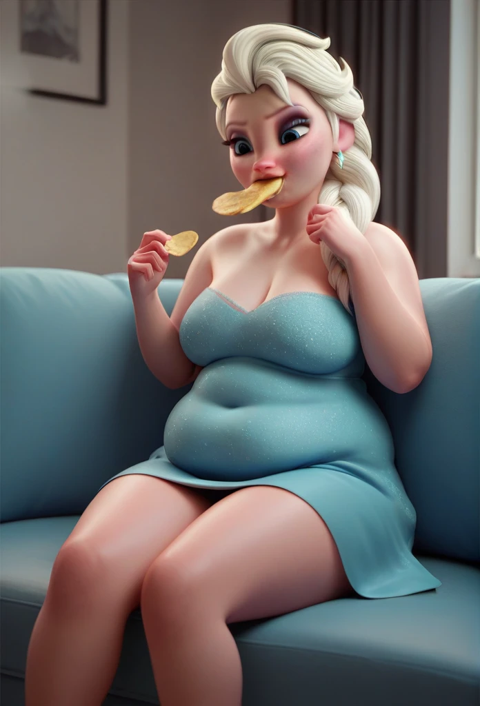 3D,surly slim faced,slightly plump bodied,tall elsa,sitting lazily on the couch,and eating chips,wearing a dress,belly