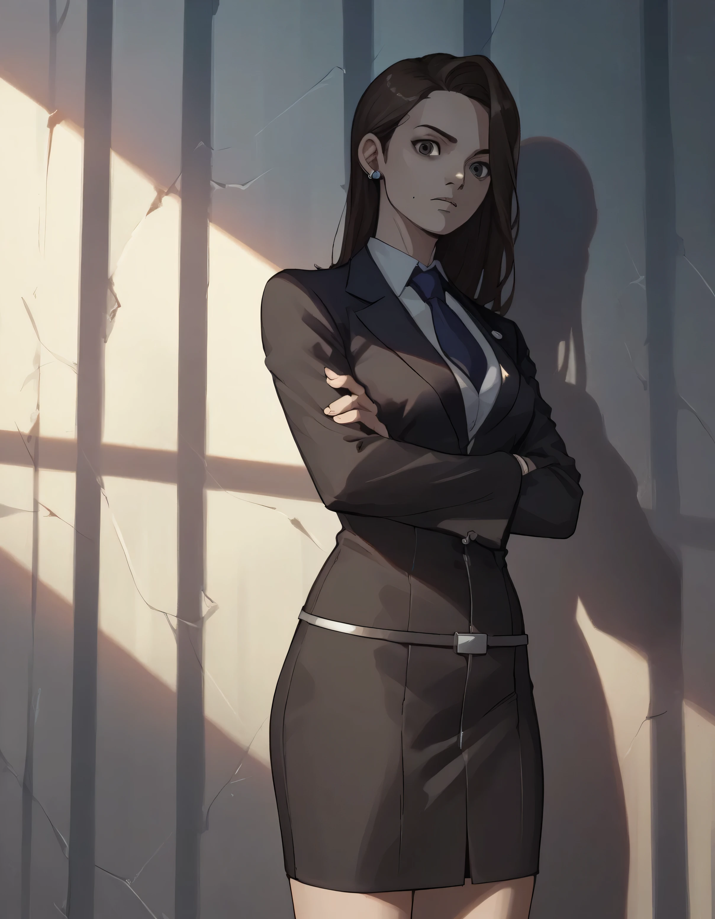 score_9, score_8_up, score_7_up, score_6_up, score_5_up, score_4_up,
aamia, black jacket, suit jacket, skirt suit, necktie
furrowed brow, shadow over face, crossed arms, looking at viewer, prison