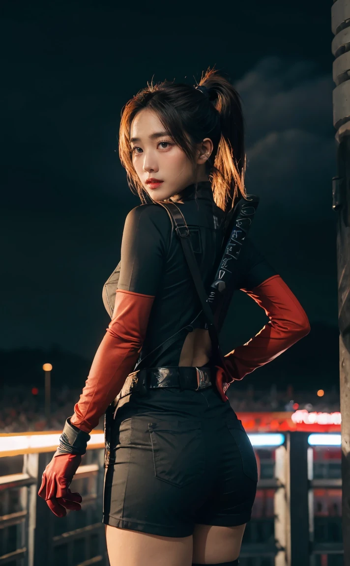 Masterpiece, best quality, height, opposite, bodysuit_woman_Deadpool_เป็นเจ้าofเอง, Christina Chong, beautiful face, Narrow eyes. Beaming. black braided hair with Narrow eyes,, mask, black hair, ponytail, long hair, big breasts, No students, bodysuit, tight fitting, super hero, belt bag, utility belt, red bodysuit, glove, weapon on the back, Thigh pocket, thigh strap, Thigh holster, belt buckle, Turtleneck, light particles, Depth_of_stadium, view, nighttime, aerial fireworks, alone, cowboy shoot, look at viewer,
