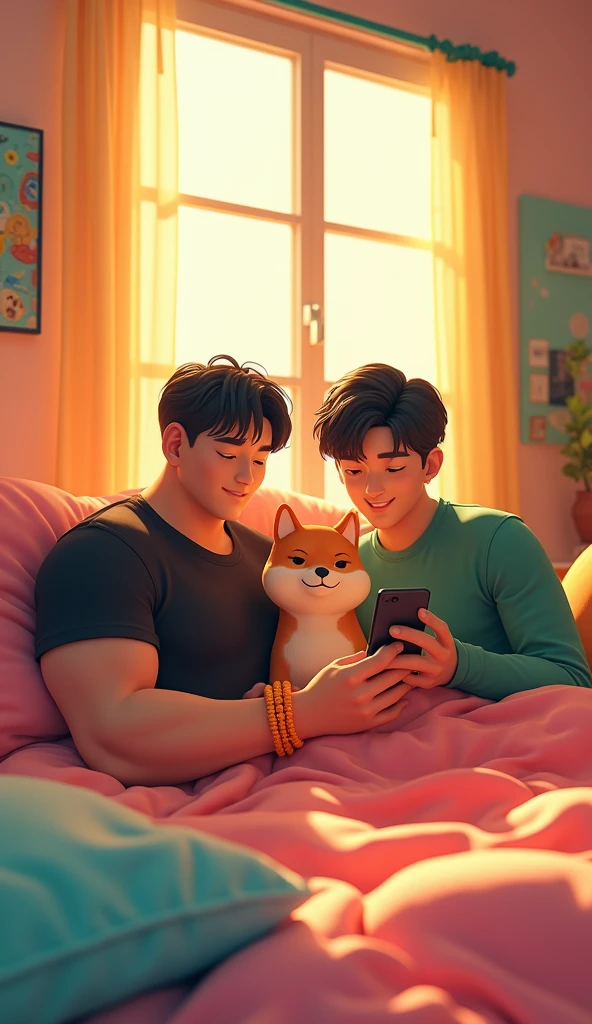 3d art style, A stylized bouncy font above that says "VRIXIAN", two teenage asian guy in bed, one wearing black shirt, hair is black, the black t shirt guy is big muscle body, the black shirt guy is a short haired, both is wearing one orange pearl bracelet, one is wearing green long sleeve, they both looking at the phone having live stream, besides them has Shiba Inu, dynamic bedroom in a morning, 